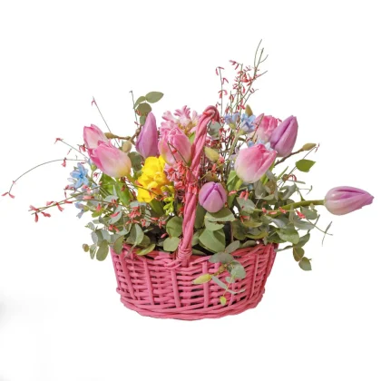 Coșuleț de Primăvară Roz cu 9 Lalele, Zambile și Muguri de Magnolie