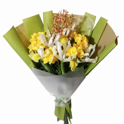 Buchet Solar cu 10 Frezii Galbene, Iris Alb și Genista Portocalie